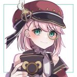  1girl aqua_eyes bare_shoulders beret blush camera charlotte_(genshin_impact) closed_mouth commentary_request detached_sleeves genshin_impact hat highres holding holding_camera long_sleeves looking_at_viewer minto_(user_radg7823) monocle pink_hair red_headwear short_hair smile solo 