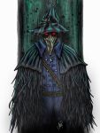  1boy artmanpreston belt black_cloak black_feathers black_headwear bloodborne border chest_strap cloak eileen_the_crow feather-trimmed_coat feathers green_background hat highres long_coat looking_at_viewer mask no_pupils plague_doctor plague_doctor_mask red_eyes solo white_border 