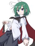  1girl antennae black_pants blue_eyes cape closed_mouth green_hair juliet_sleeves long_sleeves navel pants puffy_sleeves red_cape shinmon_akika shirt short_hair simple_background solo touhou white_background white_shirt wriggle_nightbug 