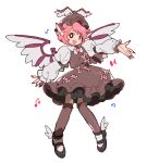  1girl animal_ears beamed_eighth_notes bird_ears bird_wings black_footwear blush_stickers brown_dress brown_eyes brown_headwear brown_thighhighs dress eighth_note fingernails frilled_dress frilled_sleeves frills full_body hat highres jeto_(jetopyon) long_fingernails long_sleeves musical_note mystia_lorelei nail_polish open_mouth pink_hair red_nails sharp_fingernails shoes short_hair simple_background sleeve_garter smile solo thigh-highs touhou white_background white_wings winged_footwear winged_hat wings 