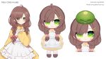  1girl apron black_footwear blush bow braid brown_hair chibi creature_on_head dress english_commentary full_body green_eyes hair_behind_ear hair_bow hair_ornament highres indie_virtual_youtuber joo_gumoon looking_at_viewer miori_celesta miori_celesta_(5th_costume) mogu_(miori_celesta) musical_note musical_note_hair_ornament official_art pink_bow riiit44 second-party_source shoes slime_(creature) smile straight-on treble_clef twin_braids twitter_username virtual_youtuber white_apron yellow_dress 
