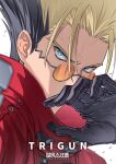  1boy black_gloves black_hair blonde_hair blue_eyes copyright_name glasses gloves high_collar highres jacket looking_at_viewer male_focus multicolored_hair natsushio_(x2i2a) portrait red_jacket round_eyewear short_hair solo trigun twitter_username two-tone_hair vash_the_stampede white_background 