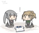  2girls blue_sailor_collar bow bowtie chibi collared_shirt cosplay curse_(023) double_bun dress dress_shirt green_bow green_bowtie grey_hair hair_bun hiburi_(kancolle) hiburi_(kancolle)_(cosplay) kantai_collection kasumi_(kancolle) light_brown_hair long_hair michishio_(kancolle) michishio_kai_ni_(kancolle) multiple_girls neck_ribbon pinafore_dress red_ribbon ribbon sailor_collar sailor_dress seiza shirt short_hair short_twintails side_ponytail sitting sleeveless sleeveless_dress twintails white_dress white_shirt 