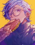 1boy bespectacled black_shirt ear_piercing earrings eating fang food fujikawa_ua fuwa_minato glasses hair_ornament hairclip highres holding holding_food jacket jewelry lettuce looking_at_viewer male_focus multicolored_hair nijisanji off_shoulder piercing pink_hair purple_hair purple_jacket sandwich shirt short_hair simple_background solo streaked_hair submarine_sandwich swept_bangs triangle_earrings turtleneck violet_eyes virtual_youtuber white-framed_eyewear white_hair yellow_background 