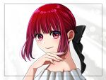  1girl alternate_hairstyle annu7 arima_kana bare_shoulders black_bow bow closed_mouth commentary_request dress hair_bow highres off-shoulder_dress off_shoulder oshi_no_ko red_eyes redhead short_hair sidelocks solo white_dress 