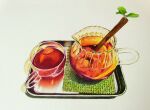 colored_pencil_(medium) cup drink food food_focus fruit leaf manmosu-0607 no_humans original realistic refraction shadow simple_background still_life strawberry traditional_media tray white_background 