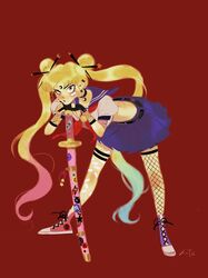  1girl artist_logo bandaid belt bishoujo_senshi_sailor_moon blonde_hair blue_sailor_collar blue_skirt double_bun ear_piercing earrings fingerless_gloves fishnets full_body gloves hair_bun hair_ornament hair_stick highres jewelry kiddo_hah long_hair looking_at_viewer multicolored_hair neckerchief piercing pleated_skirt puffy_sleeves red_background red_neckerchief sailor_collar scabbard sheath shirt shoes simple_background skirt sneakers solo star_(symbol) star_earrings sticker tsukino_usagi white_shirt 