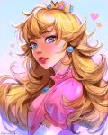 1girl artist_name blonde_hair blue_eyes crown dress earrings elbow_gloves expressionless from_side gloves heart highres jewelry long_hair looking_ahead lotus_bubble parted_lips pink_dress princess_peach puffy_short_sleeves puffy_sleeves red_lips short_sleeves solo sparkle star_(symbol) super_mario_bros. white_background white_gloves 