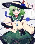  ! 1girl absurdres black_headwear blush collared_shirt floral_print frilled_shirt_collar frilled_skirt frilled_sleeves frills green_eyes green_hair green_skirt hat hat_ribbon heart heart_of_string highres holding holding_phone koishi_day komeiji_koishi open_mouth phone pleated_skirt ribbon rose_print shirt short_hair skirt sleeves_past_fingers sleeves_past_wrists smile solo spoken_exclamation_mark third_eye touhou wide_sleeves yellow_ribbon yellow_shirt you_(noanoamoemoe) 