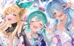  3girls alice_vu aqua_eyes blonde_hair blue_hair blue_nails blue_wings commentary crown elira_pendora elira_pendora_(1st_costume) english_commentary finana_ryugu finana_ryugu_(1st_costume) fins flower frilled_sailor_collar frills green_hair grey_overalls hair_flower hair_ornament hair_over_one_eye head_fins head_wings highres lazulight long_hair multicolored_hair multiple_girls nijisanji nijisanji_en one_eye_covered open_mouth overalls pomu_rainpuff pomu_rainpuff_(1st_costume) purple_flower red_eyes sailor_collar sharp_teeth smile teeth v violet_eyes virtual_youtuber white_hair wings x_hair_ornament 