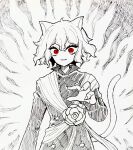  1other androgynous animal_ears cat_ears cat_tail chimera_ant fingernails floral_print highres hunter_x_hunter kisaragi_02468 long_sleeves looking_at_viewer monochrome neferpitou other_focus red_eyes rose_print sharp_fingernails short_hair smile solo tail upper_body white_background white_hair 