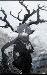 1girl bare_tree closed_mouth feet_out_of_frame greyscale hair_between_eyes highres long_sleeves looking_at_viewer monochrome original outdoors pantyhose scarf school_uniform short_hair snowing solo standing steepled_fingers tree xoxzxox 