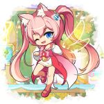  1girl ;d angelic_buster blue_eyes bow cape dress fang flower full_body hair_between_eyes highres horns long_hair long_sleeves looking_at_viewer maplestory nekono_rin one_eye_closed paw_pose pink_bow pink_cape pink_hair puffy_long_sleeves puffy_sleeves red_flower red_footwear shoes smile solo standing standing_on_one_leg twintails very_long_hair white_dress yellow_flower 