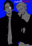  2boys blue-tinted_eyewear blue_background buttons collarbone collared_jacket collared_shirt colored_text copyright_name earrings english_text eyepatch eyewear_strap fingernails gakuran gangster glasses greyscale_with_colored_background hair_behind_ear hair_slicked_back hatta_ayuko high_&amp;_low high_&amp;_low:_the_worst highres jacket jewelry lips long_sleeves looking_at_viewer male_focus medical_eyepatch multiple_boys nose odajima_yuuken one_eye_covered open_clothes open_jacket open_mouth parted_hair rectangular_eyewear rimless_eyewear round_eyewear school_uniform serious shirt short_hair short_ponytail side-by-side simple_background single_earring sleeveless sleeveless_shirt smile spot_color straight_hair teeth tinted_eyewear todoroki_yousuke unbuttoned upper_body upper_teeth_only 