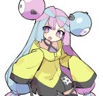 1girl bike_shorts blue_hair blush bow-shaped_hair character_hair_ornament fusazakura grey_shirt hair_ornament iono_(pokemon) jacket long_hair looking_at_viewer low-tied_long_hair multicolored_hair open_mouth oversized_clothes pink_hair pokemon pokemon_(game) pokemon_sv sharp_teeth shirt simple_background sleeveless sleeveless_shirt sleeves_past_fingers sleeves_past_wrists smile solo star_(symbol) teeth thigh_strap twintails two-tone_hair upper_teeth_only very_long_hair violet_eyes white_background yellow_jacket