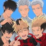  6+boys ^_^ black_eyes black_hair black_shirt blonde_hair blue_background cigarette closed_eyes closed_mouth earrings fingerless_gloves gloves hand_on_another&#039;s_head highres jacket jewelry looking_away male_focus millions_knives mole mole_under_eye mouth_hold multiple_boys natsushio_(x2i2a) nicholas_d._wolfwood one_eye_closed open_mouth red_jacket shirt single_earring smile spiky_hair trigun trigun_stampede twitter_username undercut upper_body v-shaped_eyebrows vash_the_stampede white_eyes white_hair white_shirt 