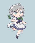  1girl :o ahoge between_fingers blue_dress blush braid chibi citrus_(place) dress full_body grey_background grey_eyes grey_hair hair_ribbon holding holding_knife izayoi_sakuya knife looking_at_viewer maid_headdress open_mouth ribbon simple_background solo standing standing_on_one_leg throwing_knife touhou tress_ribbon twin_braids weapon 