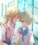  2boys aged_down ahoge alhaitham_(genshin_impact) alternate_costume blonde_hair blurry blurry_background brown_vest buttons closed_eyes collared_shirt commentary_request diamond-shaped_pupils diamond_(shape) eyes_visible_through_hair food genshin_impact green_eyes green_hair green_neckerchief hair_between_eyes hand_up highres holding holding_food ice_cream kaveh_(genshin_impact) looking_at_another male_focus medium_hair multiple_boys neckerchief open_mouth outdoors sailor_collar school_uniform shadow shirt short_hair short_sleeves smile standing symbol-shaped_pupils teeth tongue user_fzuz2338 vest white_shirt window wing_collar 