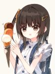  1girl :o absurdres backpack bag bare_arms brown_eyes brown_hair commentary_request food grey_background hair_ornament hairclip highres holding holding_food ice_cream ice_cream_cone long_hair looking_away motion_lines one_side_up original parted_lips shiho_(yuuhagi_(amaretto-no-natsu)) shirt simple_background solo sweat triple_scoop upper_body white_shirt yuuhagi_(amaretto-no-natsu) 