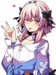 1boy aqua_eyes astolfo_(fate) black_ribbon blush choker collarbone commentary cosplay english_commentary fate/apocrypha fate_(series) hair_ribbon heart highres hinghoi honkai:_star_rail honkai_(series) long_sleeves looking_at_viewer male_focus march_7th_(honkai:_star_rail) march_7th_(honkai:_star_rail)_(cosplay) multicolored_eyes one_eye_closed otoko_no_ko pink_hair ribbon shirt simple_background solo two-tone_eyes upper_body v violet_eyes white_background white_shirt 