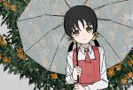  ++_(9oafxjjhuktkdef) 1girl ascot black_hair closed_mouth collared_shirt dress flower grey_background hair_bobbles hair_ornament holding holding_umbrella kaai_yuki light_blush light_smile long_sleeves low_twintails orange_flower over_shoulder pinafore_dress pixel_art plant_request red_ascot red_dress shirt sleeveless sleeveless_dress solo transparent transparent_umbrella tree twintails umbrella upper_body vocaloid white_shirt yellow_eyes 