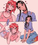  2girls black_eyes blue_shirt blush braid braided_ponytail cellphone chain_necklace choker collage creatureantics crop_top denim denim_shorts diamond_(shape) ear_piercing earrings facepaint facial_mark genderswap genderswap_(mtf) hair_between_eyes heads_together heart hello_kitty high_heels highres hisoka_morow holding holding_phone hunter_x_hunter illumi_zoldyck jeans jewelry kneeling long_hair looking_at_another lying medium_hair midriff multiple_girls necklace on_stomach pants phone piercing pink_shirt shirt short_sleeves shorts signature simple_background star_(symbol) star_facial_mark teardrop_facial_mark teardrop_tattoo torn_clothes torn_shirt twin_braids twintails upper_body white_background yellow_eyes yuri 