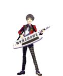  1boy black_eyes black_hair collared_shirt full_body fuyumi_jun highres holding holding_instrument idolmaster idolmaster_side-m idolmaster_side-m_growing_stars instrument keytar looking_at_viewer male_focus official_art open_mouth pants shirt shoelaces shoes socks teeth transparent_background upper_teeth_only white_socks 