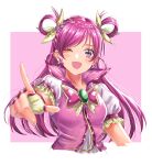  1girl ;d absurdres brooch butterfly_brooch cropped_torso cure_dream earrings fingerless_gloves foreshortening frilled_sleeves frills gloves hair_ribbon hair_rings highres jacket jewelry long_hair looking_at_viewer magical_girl one_eye_closed open_mouth pink_background pink_eyes pink_hair pink_jacket pointing pointing_at_viewer precure puffy_short_sleeves puffy_sleeves ribbon sakana_sakanama short_sleeves smile solo two_side_up upper_body yellow_gloves yellow_ribbon yes!_precure_5 yes!_precure_5_gogo! 