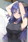  1girl absurdres armpits arms_up black_shirt blue_archive blue_eyes blurry collarbone commentary_request depth_of_field halo highres indoors long_hair looking_at_viewer parted_bangs purple_hair sakanafish shirt sidelocks sleeveless solo tile_wall tiles two_side_up undressing yuuka_(blue_archive) 