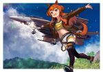  1girl aircraft airplane animal_ears belt black_thighhighs bomber_jacket brown_belt brown_jacket dog_tags ear_bow fighter_jet highres horse_ears horse_girl horse_tail horseshoe jacket jet mayano_top_gun_(umamusume) midriff military military_vehicle mountain navel open_mouth orange_hair outstretched_arms round_teeth running shorts solo tail teeth thigh-highs timmyyen two_side_up umamusume upper_teeth_only white_shorts 