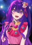  1girl :d absurdres blush frills gloves hair_ornament highres holding holding_microphone hoshino_ai_(oshi_no_ko) kkato long_hair looking_at_viewer microphone open_mouth oshi_no_ko pink_gloves purple_hair smile solo star-shaped_pupils star_(symbol) symbol-shaped_pupils teeth violet_eyes 