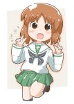  1girl absurdres black_neckerchief blush brown_eyes brown_hair double_v girls_und_panzer green_skirt highres long_sleeves neckerchief nishizumi_miho ooarai_school_uniform parted_bangs school_uniform serafuku skirt translation_request v 