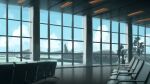  aircraft airplane airport blue_sky ceiling ceiling_light clouds cloudy_sky highres indoors meron_2770 no_humans original painting_(medium) plant potted_plant reflection runway scenery sky tower traditional_media 