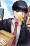  1boy artist_name bag black_cloak black_hair blurry blurry_background cloak cream_puff food highres holding holding_bag maji_(majibomber) male_focus mash_burnedead mashle mouth_hold necktie outdoors red_necktie school_uniform shirt short_hair upper_body white_shirt yellow_eyes 