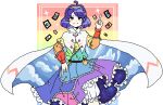  1girl ability_card_(touhou) ahoge bag bloomers blue_eyes blue_hair cape closed_mouth commentary dress english_commentary frilled_dress frills highres long_sleeves looking_at_viewer moonii_desu multicolored_background multicolored_clothes multicolored_hairband pointing pointing_down pointing_up short_hair smile solo starry_sky_print tenkyuu_chimata touhou underwear white_cape zipper 