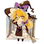  1girl black_footwear black_headwear black_vest blonde_hair blush boots bow braid broom full_body hair_between_eyes hair_bow hat hat_bow highres kirisame_marisa long_hair long_sleeves open_mouth purple_bow scarf single_braid skirt snow solo touhou tree vest white_scarf white_skirt witch_hat yellow_eyes youshouhaoxianzhe 