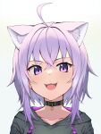  1girl :3 absurdres ahoge animal_ear_fluff animal_ears belt_collar cat_ears cat_girl collar collarbone fangs h9_99999 highres hololive hood hoodie looking_at_viewer medium_hair nekomata_okayu open_mouth purple_hair simple_background smile solo upper_body violet_eyes virtual_youtuber white_background 