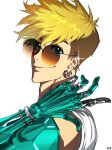  1boy blonde_hair blue_eyes closed_mouth ear_piercing earrings hand_up highres jewelry looking_at_viewer male_focus mole mole_under_eye piercing prosthesis prosthetic_arm ring round_eyewear runred shirt short_hair simple_background sleeveless sleeveless_shirt smile solo sunglasses trigun trigun_stampede upper_body vash_the_stampede white_background white_shirt 