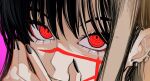 1girl black_hair black_nails chainsaw_man close-up cross_scar ear_piercing long_hair looking_at_viewer piercing pink_background red_eyes ringed_eyes sailen0 scar scar_on_cheek scar_on_face simple_background solo yoru_(chainsaw_man) 