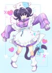  0kami_89zo 1girl absurdres apron blue_bow bow double_bun frilled_apron frills full_body hair_between_eyes hair_bun heart highres jacket jersey_maid long_sleeves looking_at_viewer loose_socks maid_apron open_mouth original purple_hair purple_jacket sleeves_past_fingers sleeves_past_wrists socks solo standing stuffed_animal stuffed_cat stuffed_toy tail tail_bow tail_ornament track_jacket violet_eyes waist_apron white_apron white_socks 