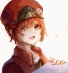  1girl :d ae-3803 black_shirt box brown_eyes cabbie_hat cardboard_box chinese_commentary close-up commentary haiki_sareta_haguruma hair_over_one_eye hat hataraku_saibou highres holding holding_box jacket looking_at_viewer open_clothes open_jacket open_mouth package portrait red_blood_cell_(hataraku_saibou) red_headwear red_jacket redhead shirt short_hair simple_background smile solo sparkle t-shirt very_short_hair white_background 