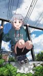  1girl aqua_hoodie bird black_socks blunt_bangs blush bob_cut brown_eyes casual clouds commentary day drawstring drinking_straw foliage from_below grey_footwear grey_hair grey_skirt hair_ornament hair_strand hairclip hand_on_railing highres hood hood_down katya_(servachok) looking_at_viewer messy_hair milk_carton open_mouth original outdoors plant power_lines railing russian_commentary russian_text scenery servachok shoes short_eyebrows short_hair skirt sky sneakers socks solo squatting thick_eyebrows translated vines 