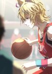  1girl ahoge alternate_costume animal_ears ball basketball basketball_(object) basketball_uniform black_hair blonde_hair blue_hair blurry blurry_background blurry_foreground collarbone commentary fox_ears fox_girl from_side highres holding holding_ball hololive indoors looking_to_the_side multicolored_hair official_alternate_hair_length official_alternate_hairstyle omaru_polka parted_lips people pink_hair playing_sports profile solo_focus sportswear streaked_hair sweat sweatband violet_eyes virtual_youtuber wristband yami_ara 