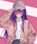  1girl adjusting_clothes adjusting_headwear baseball_cap brown_jacket chinese_commentary closed_mouth commentary_request denim glasses hair_between_eyes hand_in_pocket hat highres hoshino_ai_(oshi_no_ko) jacket jeans kuaixue_shiqing long_hair multicolored_eyes open_clothes open_jacket oshi_no_ko pants purple_hair shade sidelocks solo sunglasses sweater tongue tongue_out turtleneck turtleneck_sweater variant_set violet_eyes white_headwear white_sweater zipper 