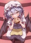  1girl bat_wings burger eating eyebrows_hidden_by_hair food foot_out_of_frame frilled_shirt_collar frills from_above grey_hair hair_between_eyes hat highres holding holding_food long_skirt looking_down maboroshi_mochi mary_janes mob_cap petticoat pink_eyes remilia_scarlet shirt shoes short_hair sitting sitting_on_stairs skirt skirt_set solo stairs touhou white_shirt white_skirt wings 