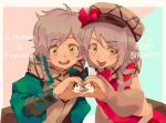  1boy 1girl braid brother_and_sister clanne_(fire_emblem) fire_emblem fire_emblem_engage framme_(fire_emblem) grey_hair hat hat_ribbon heart heart_hands heart_hands_duo kuso2nd long_sleeves looking_at_viewer open_mouth ribbon siblings smile twins yellow_eyes 