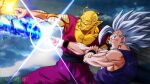  2boys christian_insisa colored_skin dragon_ball dragon_ball_super dragon_ball_super_super_hero gohan_beast highres lens_flare makankousappou multiple_boys muscular muscular_male namekian open_mouth orange_piccolo orange_skin red_eyes watermark white_hair 