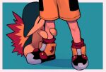  1boy black_footwear border closed_eyes cyndaquil ethan_(pokemon) fire green_background hugging_another&#039;s_leg knees male_focus pokemon pokemon_(creature) pokemon_(game) pokemon_gsc red_socks shoes shorts socks standing tyako_089 white_border yellow_shorts 