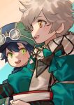  2boys black_hair book clanne_(fire_emblem) fire_emblem fire_emblem_engage green_eyes hat highres holding holding_book jean_(fire_emblem) kuso2nd long_sleeves male_focus multiple_boys open_mouth scarf short_hair smile yellow_eyes 