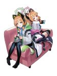  2girls absurdres animal_ear_headphones animal_ears anizi black_thighhighs blonde_hair blue_archive blue_bow blue_necktie bow cat_ear_headphones commentary_request couch fake_animal_ears green_eyes hair_bow halo handheld_game_console headphones highres holding holding_handheld_game_console jacket long_sleeves looking_at_viewer midori_(blue_archive) momoi_(blue_archive) multiple_girls necktie on_couch open_mouth pink_eyes red_bow short_hair siblings simple_background sisters sitting tail thigh-highs twins white_background white_jacket 